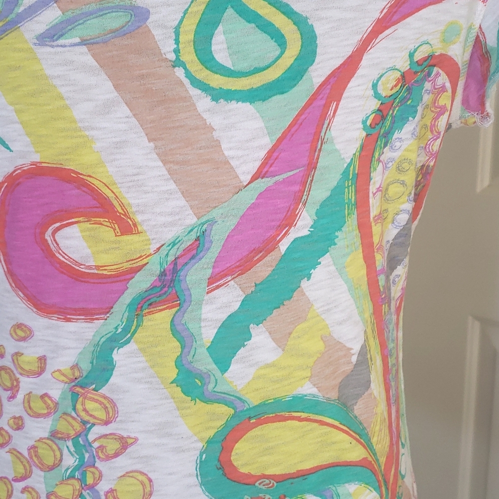 Fresh Produce Colorful Abstract Cotton Scoop‑Neck Top White Yellow Aqua • SMALL - Picture 11 of 14